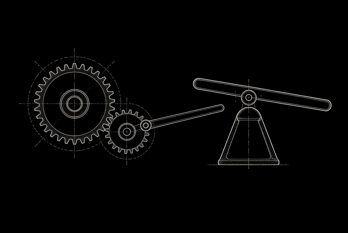 Technical schematic of interlocking gears and a balance lever